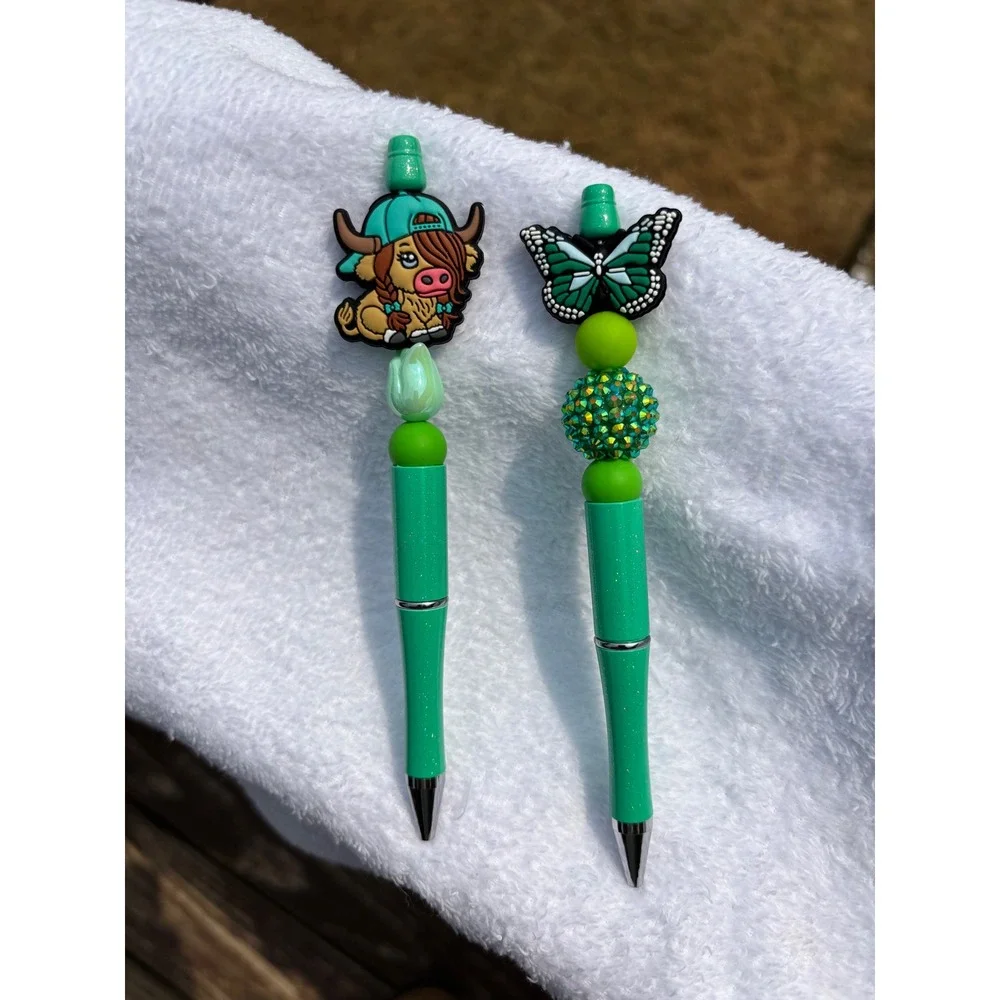 Handmade Beaded Pen Set Highland Cow Butterfly Mint Green Glitter 2pc
